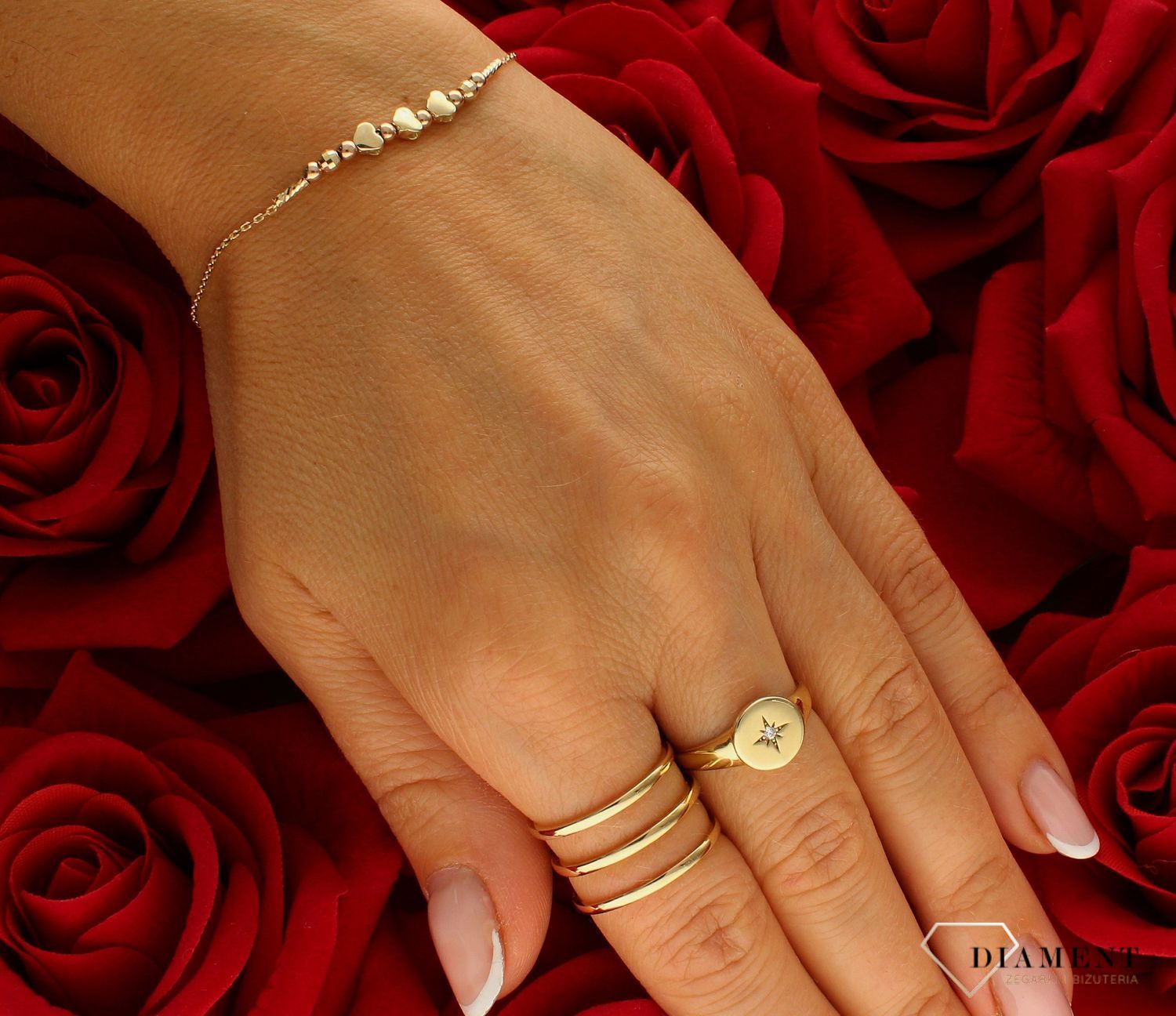 Złota bransoletka damska 375 celebrytka pełne serduszka z kuleczkami BR 5103 375.  Złota bransoletka damska. Złota bransoletka próby 375. Bransoletka złota damska delikatna celebrytka. Bransoletka złota celebrytka ide.jpg